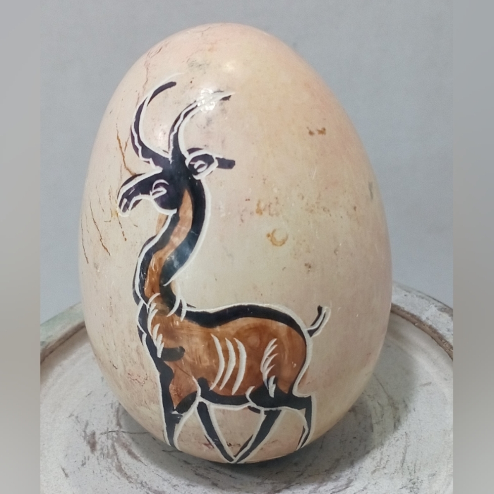 Vintage African Antelope Stone Egg Gazelle Hand Etched Painted Motifs